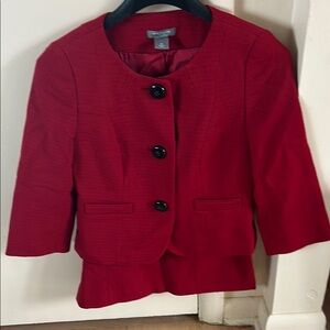 Ann Taylor Red Skirt Suit with Tailored Fit and Collarless Design